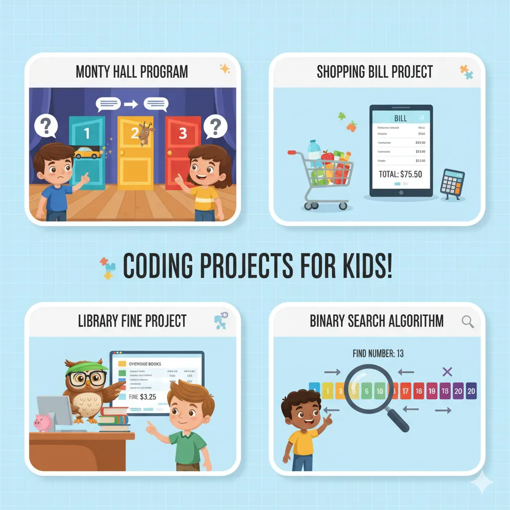 Monty hall program, Shopping bill project, Library fine project and  Binary search algorithm